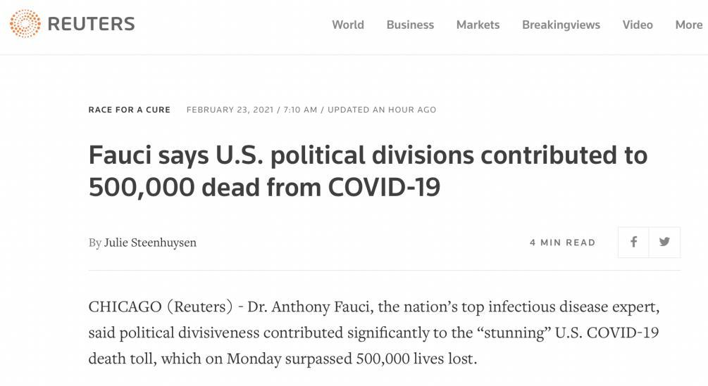 △路透社报道，福奇表示，美国50万人因新冠疫情死亡的原因与政治分裂有关