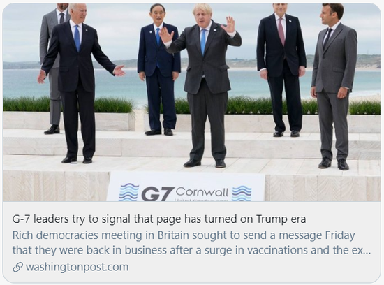 G7领导人试图展示，“特朗普时代”的那一页已经翻过去了。/《华盛顿邮报》报道截图