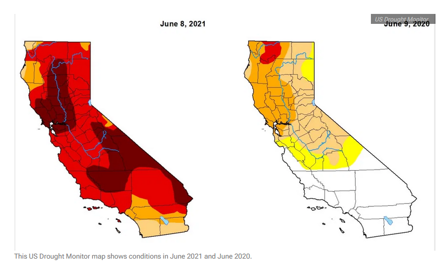 加州今年六月与去年同期的旱情对比